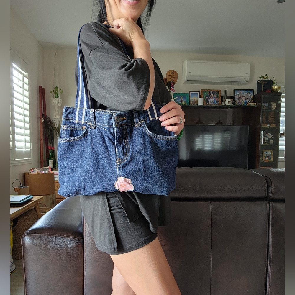 Denim Tote Bag with Blue Stripe Handles - Casual Women’s Shoulder Bag